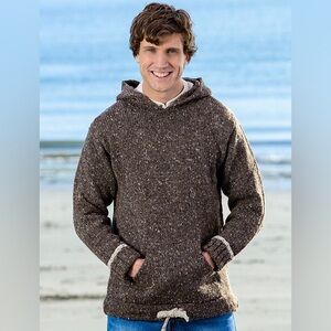 ARAN CRAFTS Unisex 100% Wool Hoodie with Pouch Pocket Small Brown Drawstring Hem